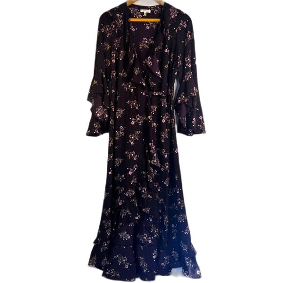 Max Studio Fairy Core Maxi Wrap Dress Ruffled Bell Cuffs Floral Print Size Small - Picture 1 of 14
